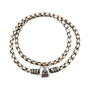 Pandora 925 Sterling Silver White Brown Braided Leather Wrap Charm 13” Bracelet